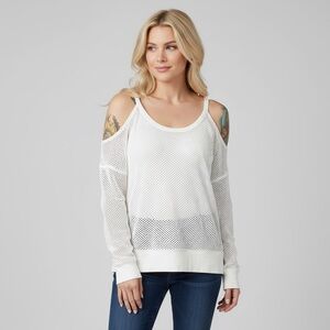 Derek Heart | White Mesh Cold Shoulder Long Sleeve Top – Size M